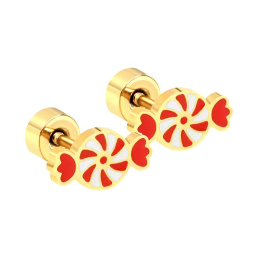 Christmas earrings featuring red and white candy cane design with surgical steel and gold plating, perfect for the holidays.