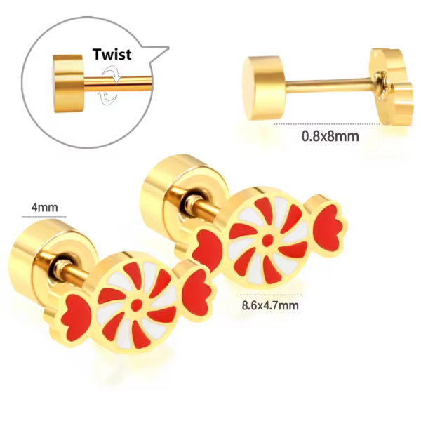 Christmas earrings featuring gold-plated candy cane design with secure screw backs for festive holiday wear.