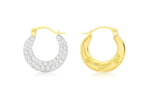 A pair of 9k gold double-sided earrings, one side featuring a dragonfly design and the other encrusted with cubic zirconia, in a hinged Creole-style hoop.