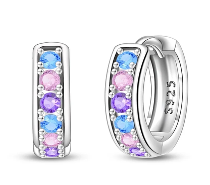 Sterling silver kids huggie hoop earrings with blue, pink and purple cubic zirconia stones
