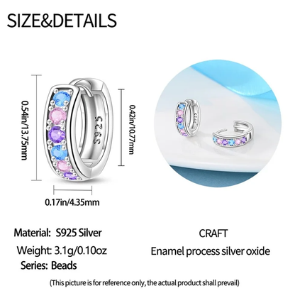 Size chart for 925 sterling silver kids huggie hoops showing dimensions and colourful cubic zirconia stones
