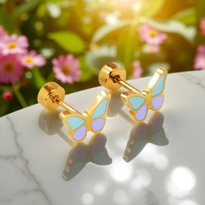 Screw Back Butterfly Earrings for Girls – Gold Plated Stainless Steel with Aqua and Lavender Enamel