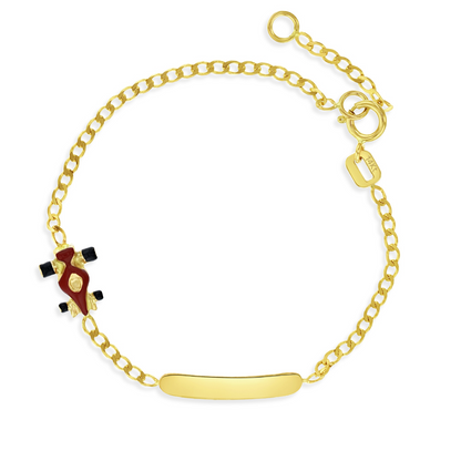 identity bracelet in 14k yellow gold with red enamel racing car charm, adjustable length for kids