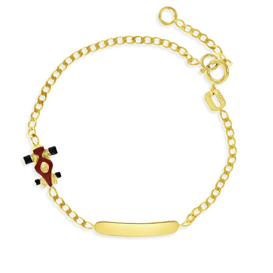 identity bracelet in 14k yellow gold with red enamel racing car charm, adjustable length for kids