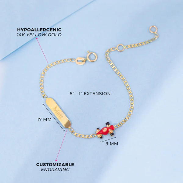 Identity bracelet in 14k yellow gold with customizable engraving and red enamel racing car charm, adjustable 5-6".