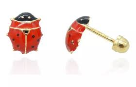 Children's Earrings:  14k Solid Gold Ladybug Earrings with Screw Backs and Gift Box