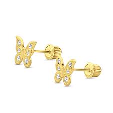 Side view of a pair of 14k gold children's earrings featuring triple clear cubic zirconia butterflies with screw back closures.