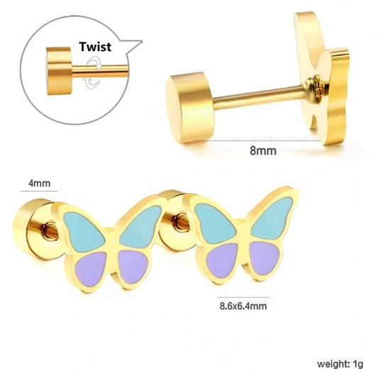 Screw Back Butterfly Earrings for Girls – Gold Plated Stainless Steel with Aqua & Lavender Enamel