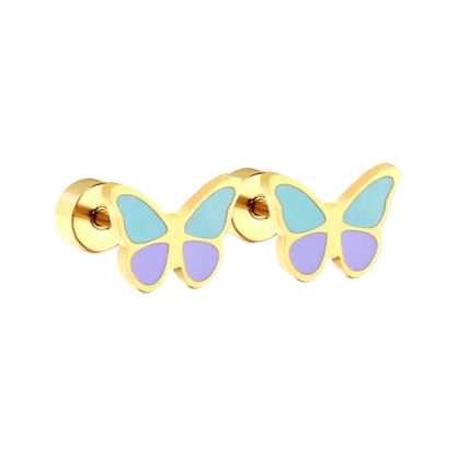 Screw Back Butterfly Earrings for Girls – Gold Plated Stainless Steel with Aqua and Lavender Enamel