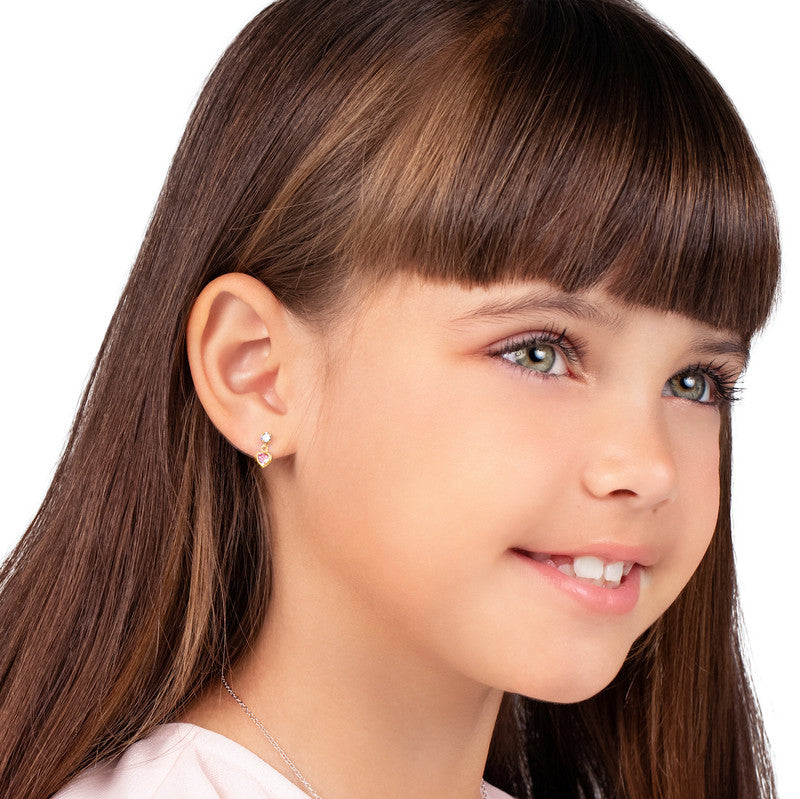 Children's earrings:  14k Gold over Sterling Silver 3mm CZ Stud with 5mm Pink CZ Heart Dangle with Screw Backs