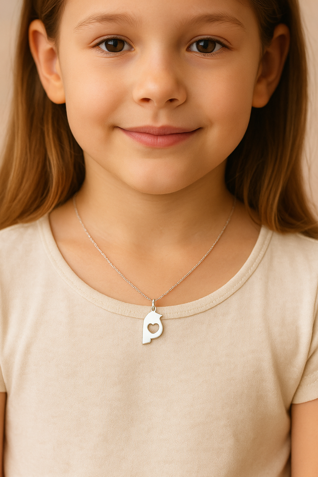 Close-up of a smiling young girl from shoulders to just below her nose, wearing a cream-colored shirt and a delicate silver bird-shaped pendant with a heart-shaped cut-out on a fine chain, softly lit against a gently blurred neutral background