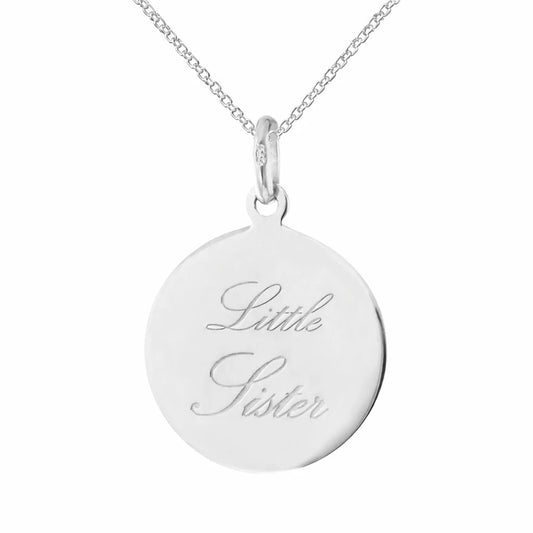 Children's necklaces featuring a sterling silver pendant engraved with "Little Sister".