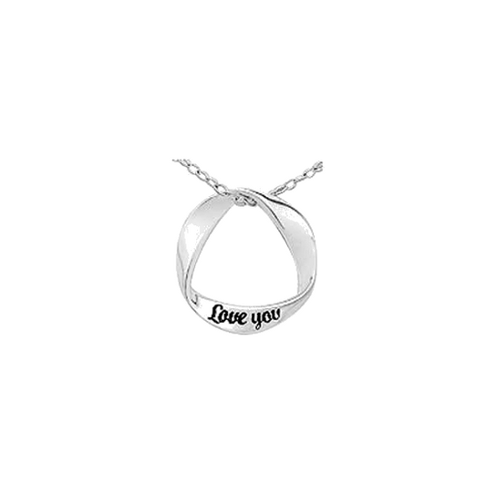 Silver necklace with 'Love you' pendant on a white background