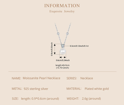 Close-up of freshwater pearl and 0.1ct Moissanite necklace with beaded silver chain