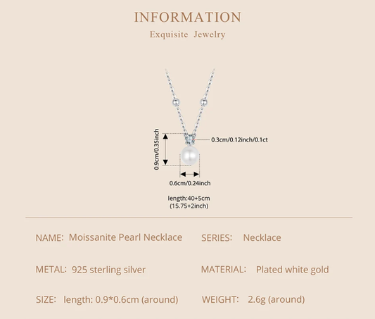 Close-up of freshwater pearl and 0.1ct Moissanite necklace with beaded silver chain