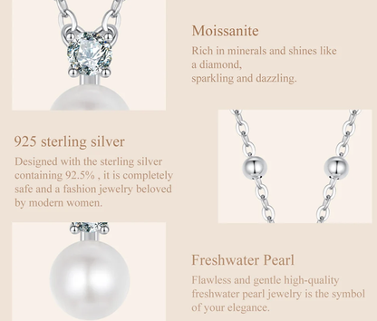 Close-up view of freshwater pearl and 0.1ct Moissanite necklace with beaded silver chain
