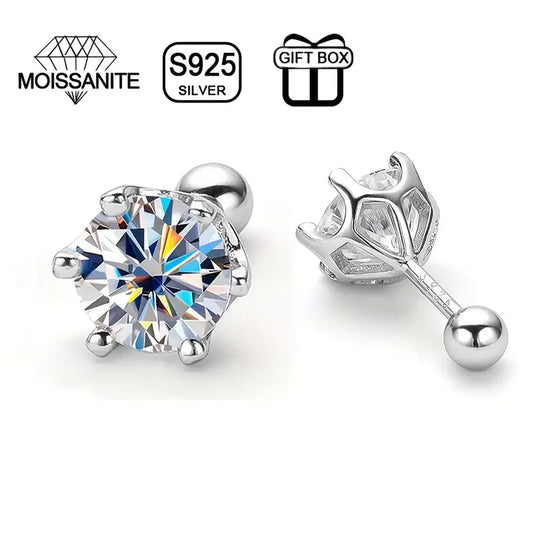 High-resolution product image of a pair of round moissanite stud earrings set in six-prong sterling silver (S925) settings, shown front and back, with three black icons above indicating ‘Moissanite’, ‘S925 Silver’, and ‘Gift Box.