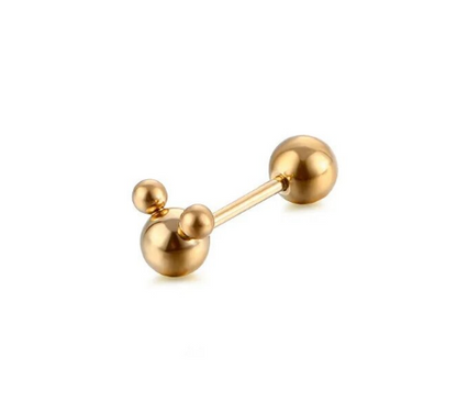 Mouse ball studs in gold with surgical steel screw backs for stylish ear wear.