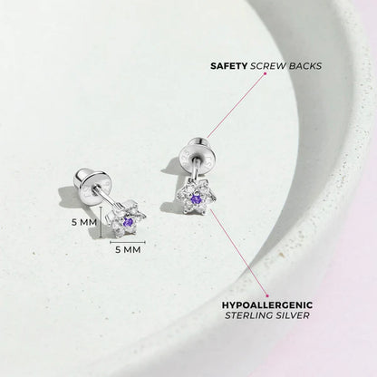 Multicolour CZ Flower Earrings - sterling silver kids earrings with safety screw backs and hypoallergenic features.