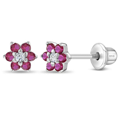 Multicolour CZ Flower Earrings - Sterling Silver Kids with pink and clear stones, designed for sensitive ears.