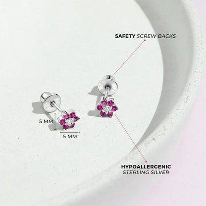 Multicolour CZ Flower Earrings featuring safety screw backs and hypoallergenic sterling silver, ideal for kids.