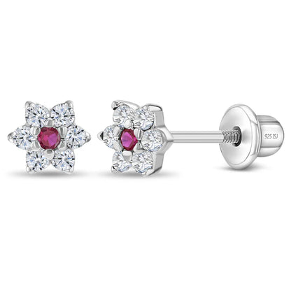 Multicolour CZ Flower Earrings - Sterling Silver Kids with sparkling gemstones in flower design.