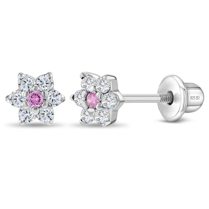 Multicolour CZ Flower Earrings - Sterling Silver Kids with sparkling pink and clear cubic zirconia stones.