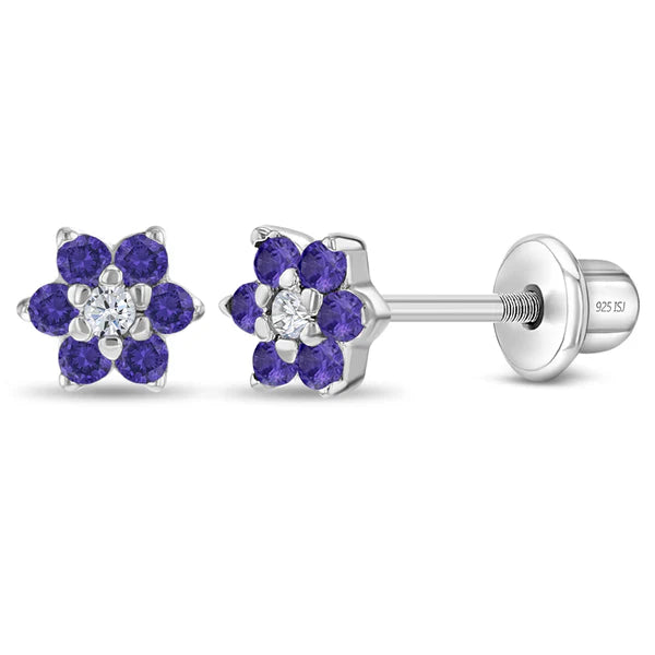 Multicolour CZ Flower Earrings - Sterling Silver Kids, featuring vibrant purple CZ stones and a sparkling center, safe for sensitive ears.