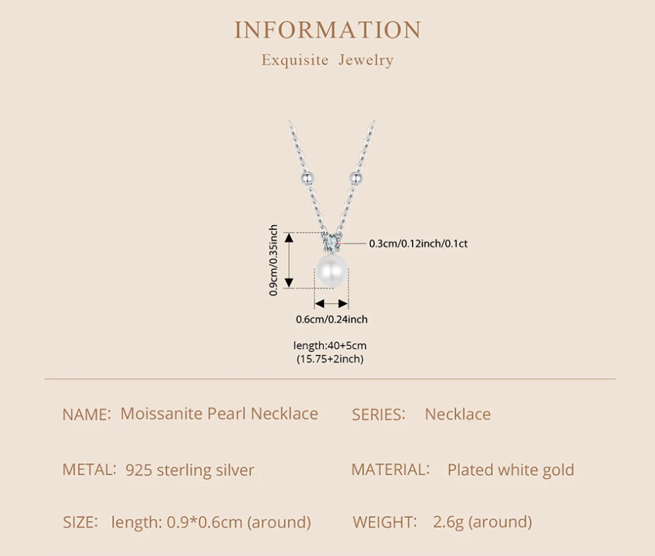 Close-up of freshwater pearl and 0.1ct Moissanite necklace with beaded silver chain