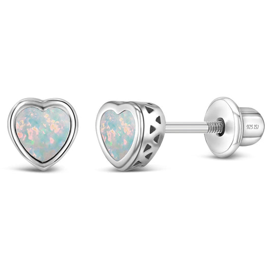 Heart-shaped opal earrings with silver setting on a white background