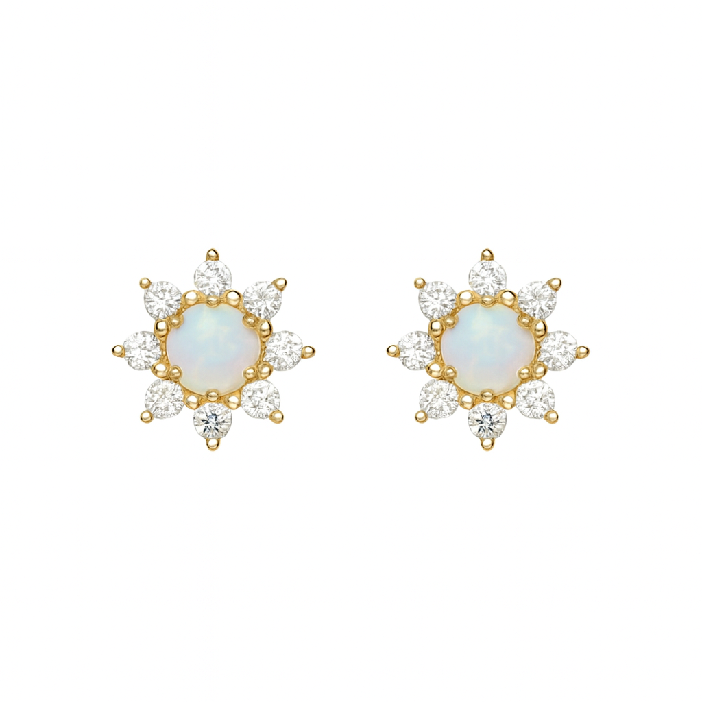 Pair of yellow-gold flower stud earrings with round opal centres showing a subtle blue-green play of colour, surrounded by small clear cubic-zirconia petals, displayed on a white background