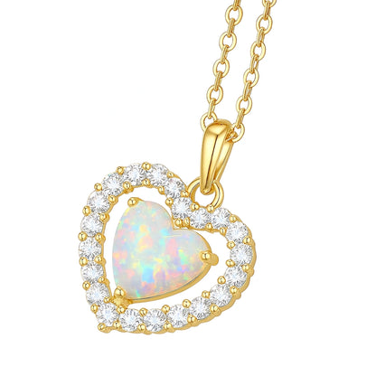 14k gold Plated heart halo necklace featuring White Fire Opal surrounded by clear CZ on a gold chain.