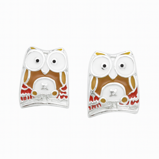 Pair of owl-shaped earrings on a white background