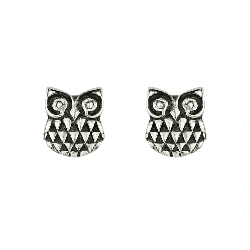 oxidised sterling silver owl stud earrings on a white background