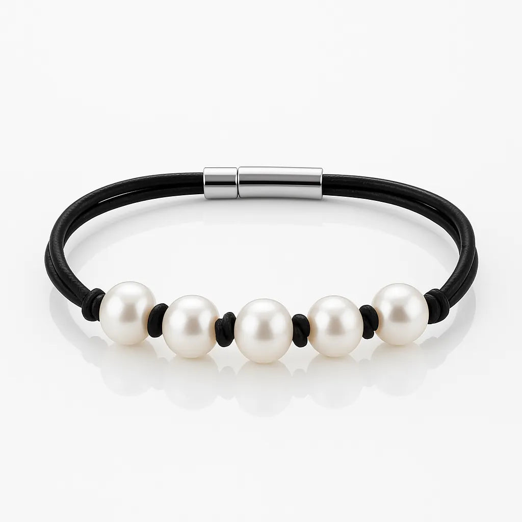 A black leather bracelet with multiple knotted freshwater pearls and a stainless steel clasp.