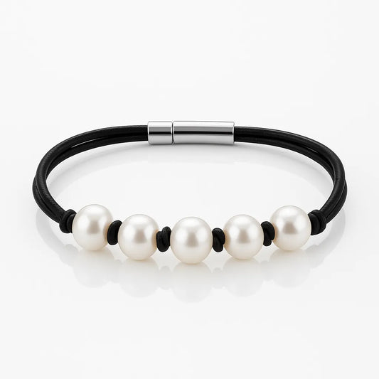 A black leather bracelet with multiple knotted freshwater pearls and a stainless steel clasp.