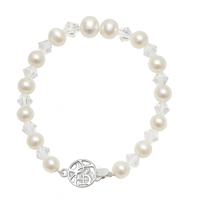 Baby and children's bracelet made of freshwater pearls and Swarovski crystals with sterling silver clasp.
