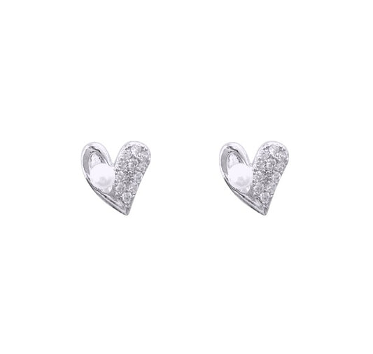 Heart-shaped silver earrings with a sparkling finish on a white background