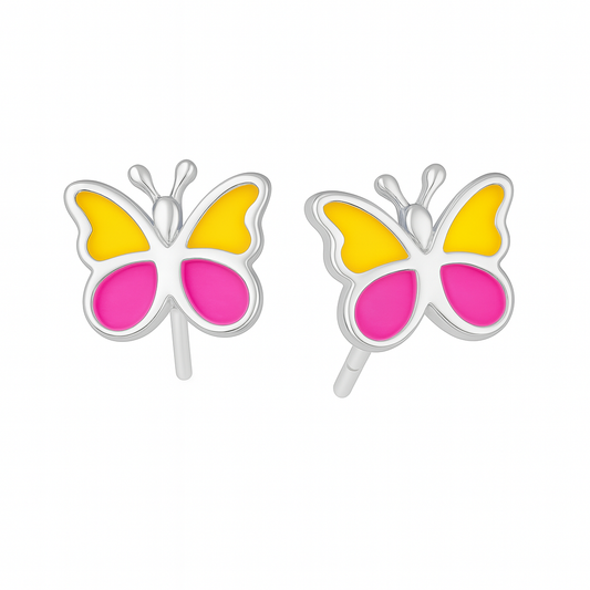 Butterfly-shaped earrings with pink centers and yellow wings on a white background