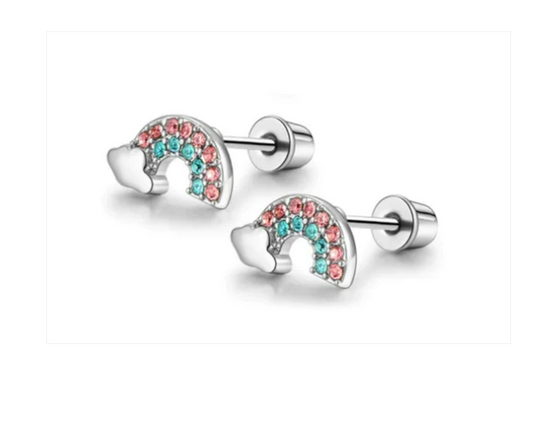 A pair of hypoallergenic steel earrings designed as rainbows with pink and blue cubic zirconia, featuring screw back closures.