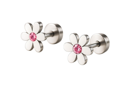 A pair of stainless steel children's flower stud earrings featuring pink cubic zirconia centres, displayed on a white background