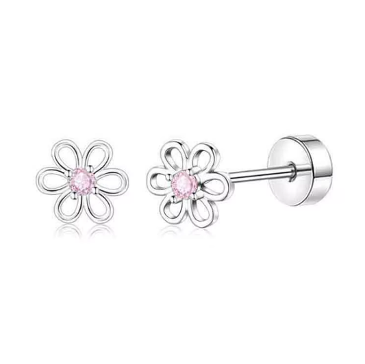 Flower-shaped earrings with pink gemstones on a white background