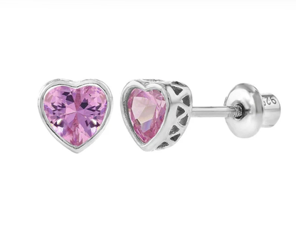 Heart-shaped pink gemstone earrings with silver posts on a white background