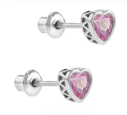 Pair of heart-shaped pink cubic zirconia earrings with silver settings on a white background