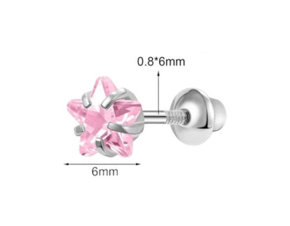 Pink star-shaped earring with measurements on a white background