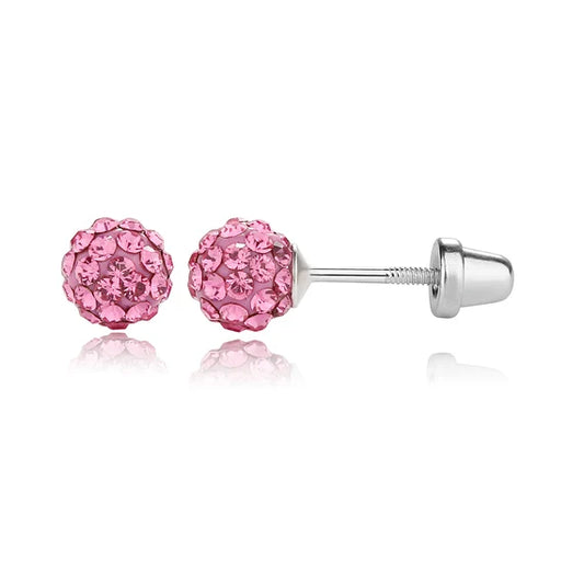 A pair of round pink crystal earrings with screw back closures on a white background.