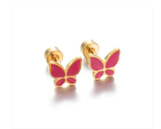 Gold plated stainless steel butterfly studs with pink enamel wings and screw backs on a white background