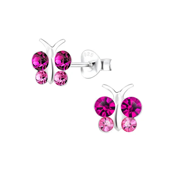 Children's earrings in sterling silver with pink fuchsia CZ butterfly studs, perfect for ages 3 to 10.