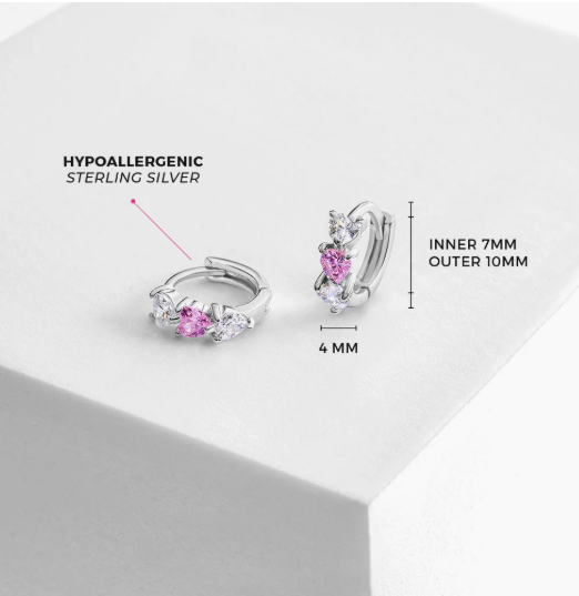 Size guide showing 13mm heart pendant and 10mm huggie earrings with cubic zirconia