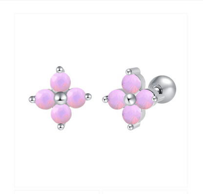 Flower earrings in surgical steel with opalescent pink gems and secure screw backs.